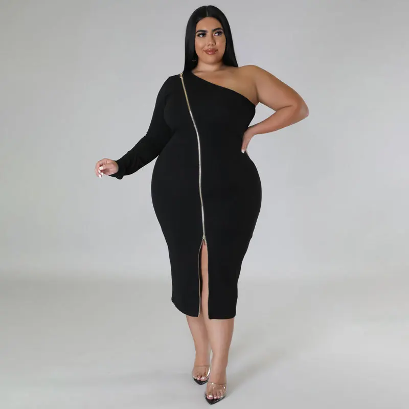 2023 Spring Women Dress Zipper Hollow Out One Shoulder Fashion Elegant Cloth Female Luxury Gown Plus Size Evening Party Dress