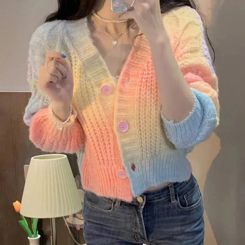 

Женский вязаный кардиган с V-образным вырезом, укороченный свитер радужной расцветки в Корейском стиле, весна-осень 2023