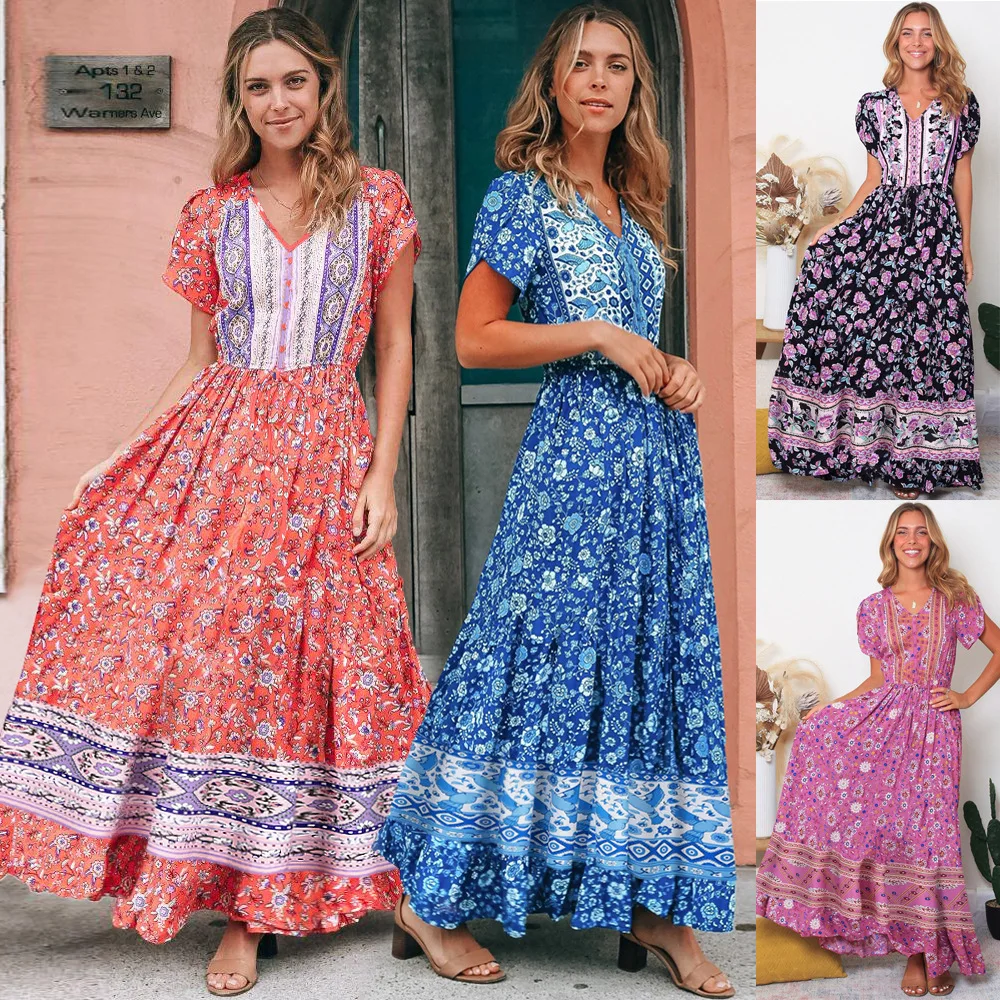 

Retro Floral Dress Summer Slim Beach Long Dress Large Size Women beach dress blusas mujer de moda 2022 verano elegantes