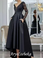 black satin evening dress v neck lace long sleeve sexy backless robes de soir%c3%a9e vestidos elegantes para mujer %d9%81%d8%b3%d8%a7%d8%aa%d9%8a%d9%86 %d8%a7%d9%84%d8%b3%d9%87
