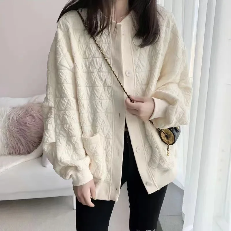 Women's White Rhombus Padded Coat Autumn Winter 2022 Niche Temperament Wild Coat Loose Thickened Baseball Uniform Jacket