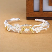 anglang fashion silver colour woman cuff bracelet plum blossom adjustable charm bangle girls wedding jewelry gifts
