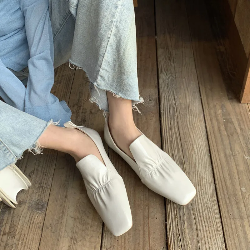 New Spring Women Shoes Square Toe Green Color Loafers Cow Leather Women’s Design Flats Slip On Ladies Shoes Female Flats