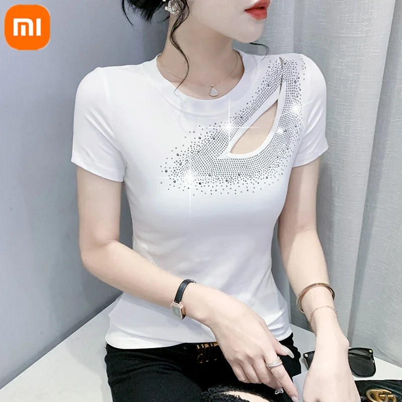 

Xiaomi fashion round neck hollow t-shirt women's comfortable skin-friendly diamond-studded girl casual short-sleeved top 82141