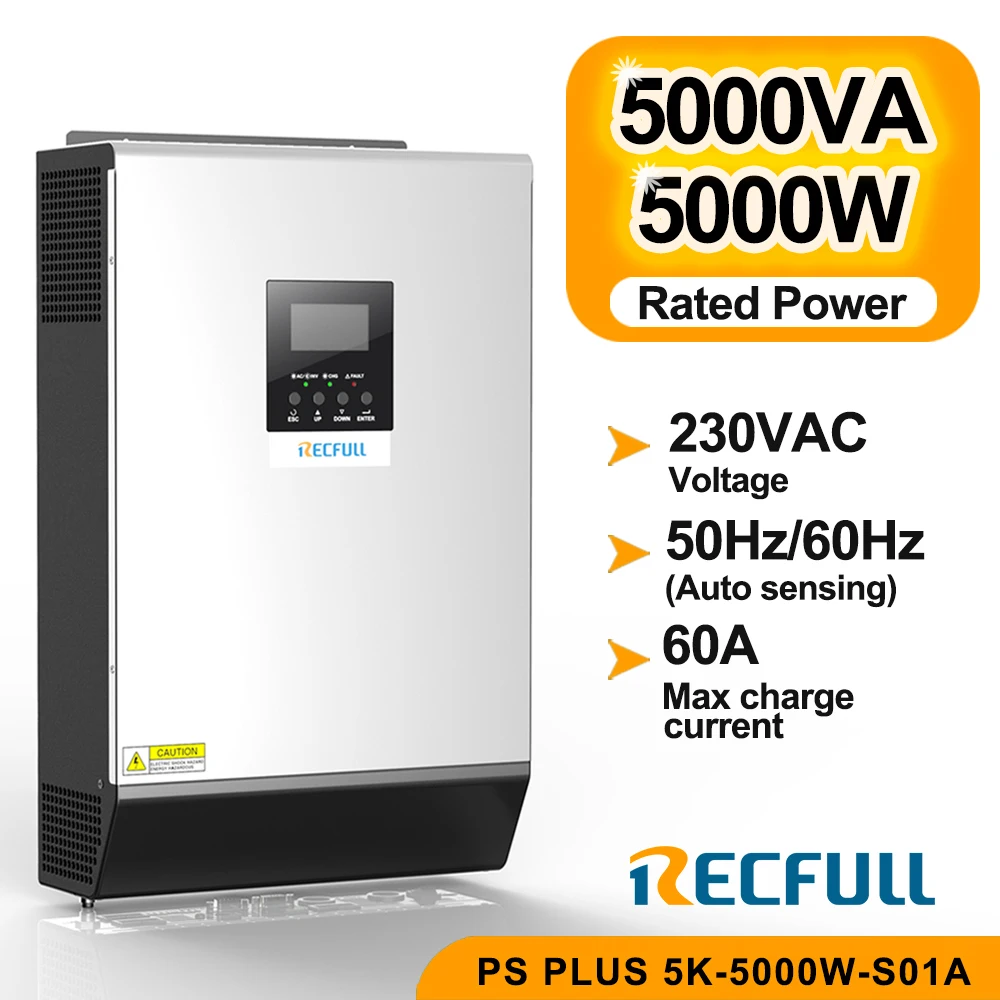 

5000W Pure Sine Wave Inverter with PWM 60A Solar Controller 220V/230VAC 48VDC All-in-one Off Grid Solar Inverter