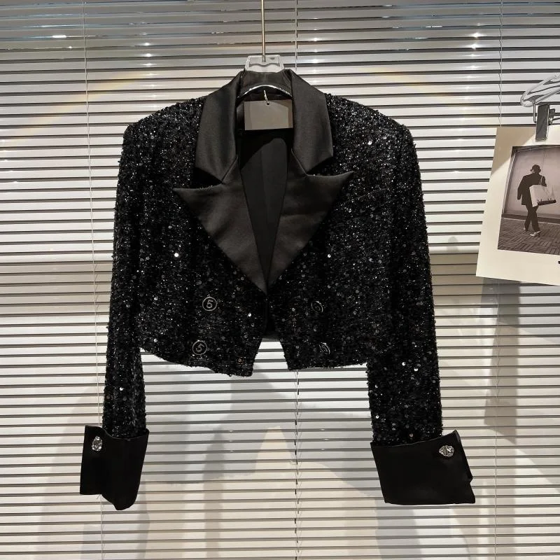 

Autumn Korea 2023 New Women Clothes High Waist Sequins Black Double-breasted Suit Coat Full Sleeve Short Jacket Streetwear