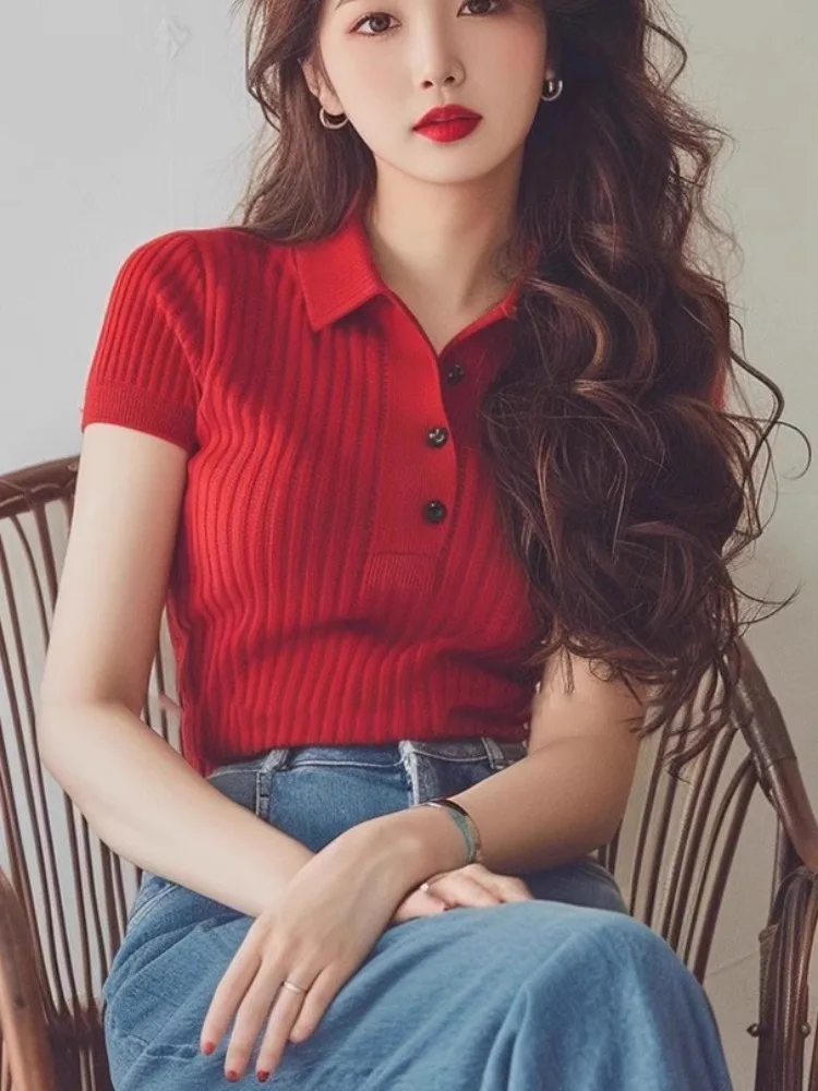 Red Polo Collar Ice Silk Short sleeve knit Women Design Sense Unique Chic Slim fit Early Autumn Chi Top