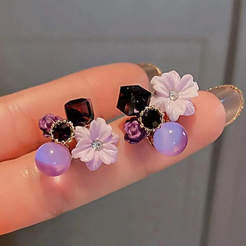 Purple Crystal Flower Stud Earrings for Woman Lilac Earrings Korean Fashion Wedding Party Jewelry Girl Elegance Set Accessories