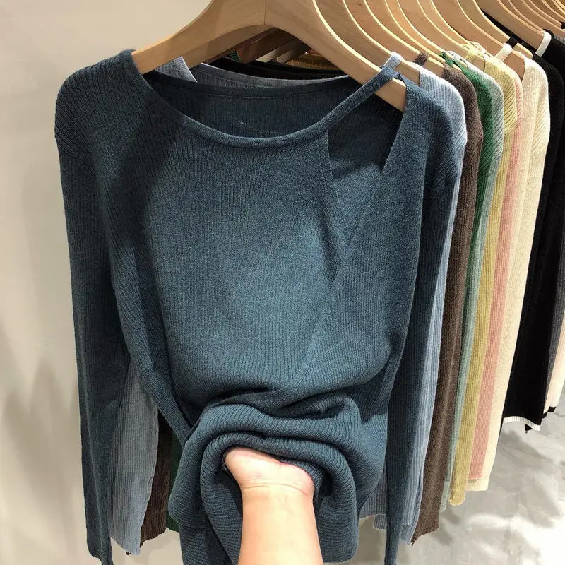 

Winter T Shirt Women Elasticity Oversized T-Shirt Woman Clothes Female Tops Long Sleeve Tee Women's Tube Top Knit Canale White
