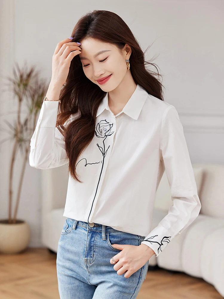 Новая женская рубашка с длинным рукавом и отложным воротником вышивкой блузка