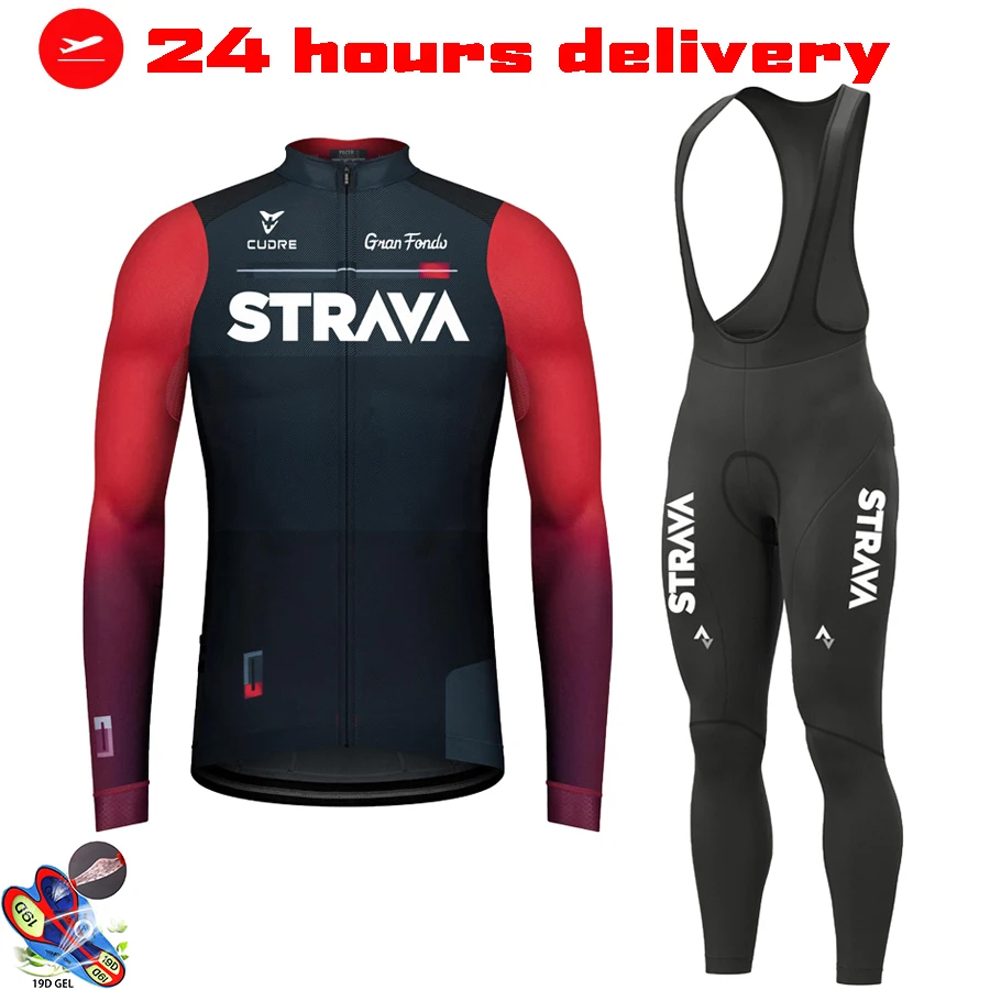 

2022 профессиональная команда STRAVA, комплект из Джерси с длинным рукавом и брюк с нагрудником, одежда для велоспорта, Джерси для горного велоси...