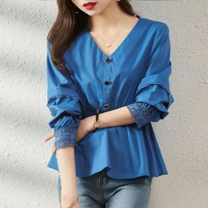 Korean Casual V-Neck Solid Waist Blouses Spring Women's Clothing Pullovers Fashion All-match Button Spliced Long Sleeve Shirt