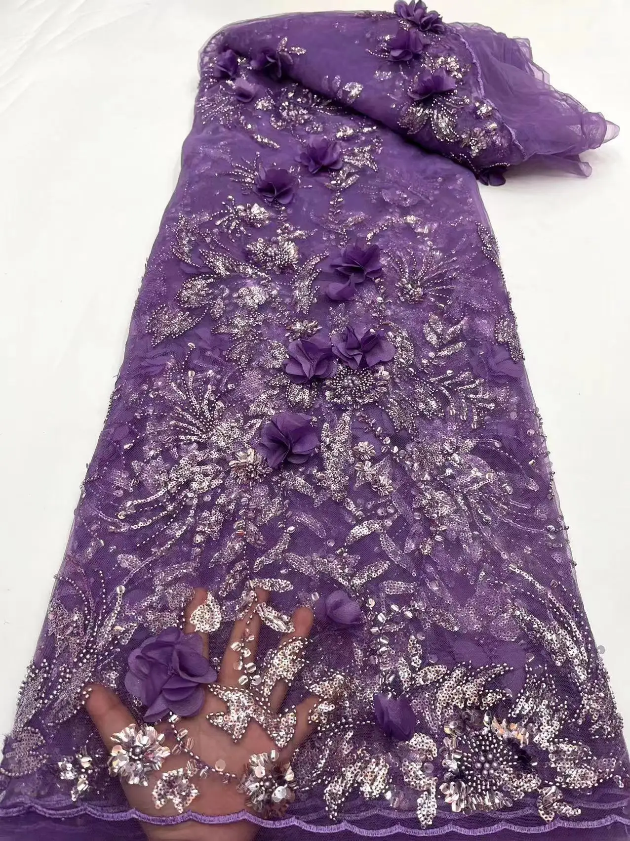 

Luxurious Purple Guipure Cord lace Fabric Nigeria 2023 Embroidery Net With Beads and Sequins African Wedding Fabric