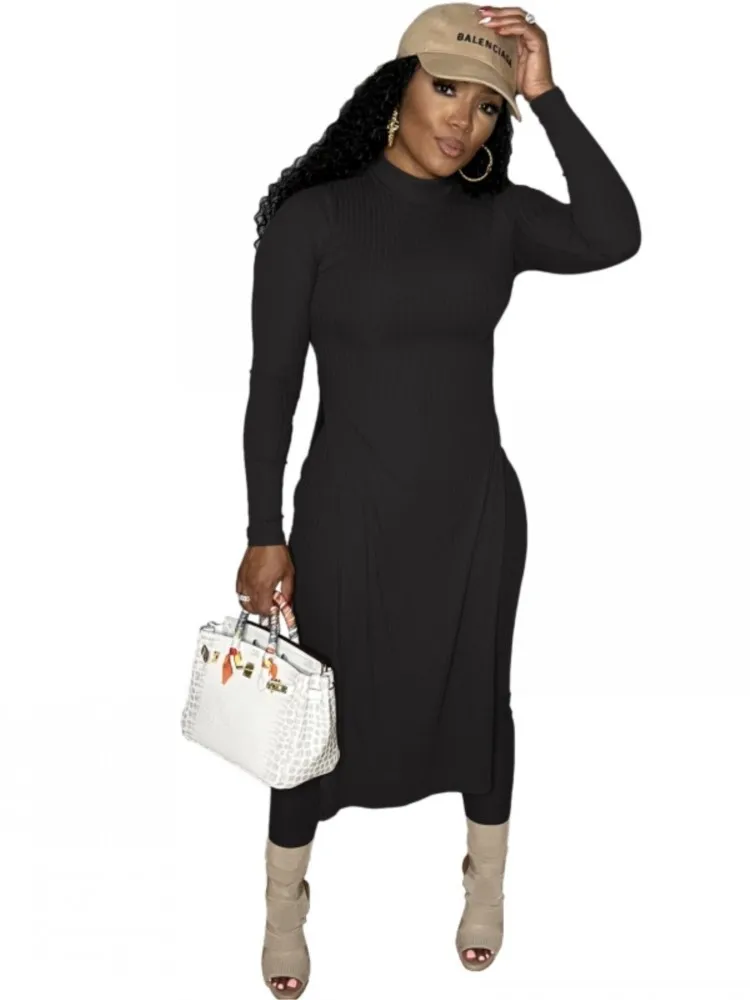 

Женские костюмы с разрезом, Длинные Топы, халаты и брюки, осенний Новый однотонный вязаный ребристый уличный стиль, повседневный комплект