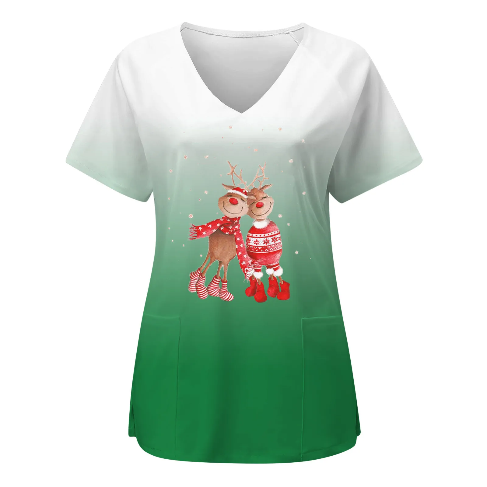 

2023 New Year Scrub Tops Christmas Womens Short Sleeve V Neck Printed Top Nurses Working T Shirts Blouse With Pockets