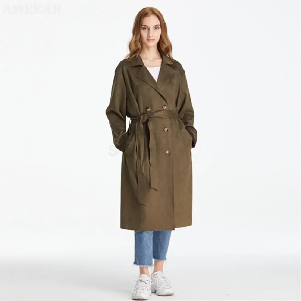 Women Fashion Real Suede Long Coat double-breasted With Belted Pure Color Windbreaker Leisure Lapel Real Fur Jacket