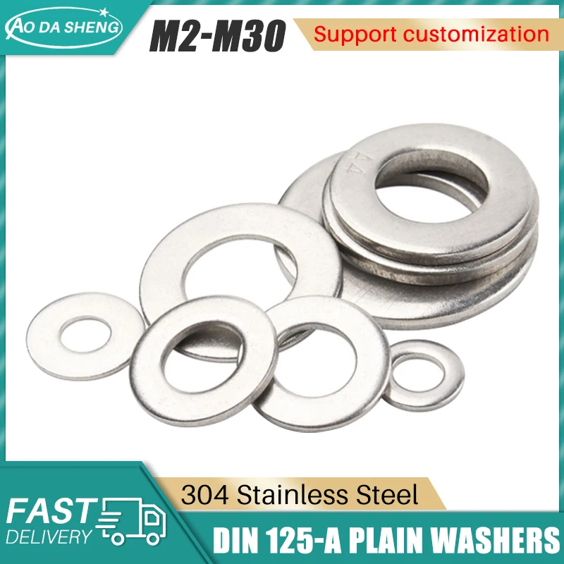 AODASHENG DIN125 M2 M2.5 M3 M3.5 M4 M5 M6 M8 M10 M12 M14 M16 M20-M30 SS304/316 Плоская Круглая Шайба из нержавеющей стали