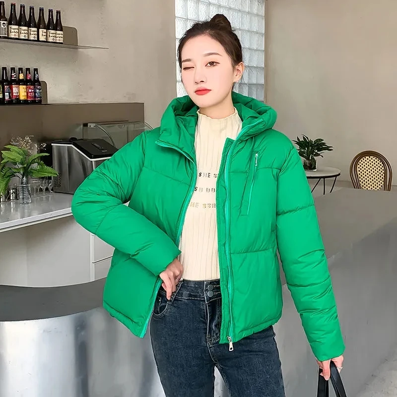 Winter Down cotton Jacket Womens Parkas Thicken Outerwear Solid Hooded Coats Short Female Loose Cotton Padded Basic Womans Coat