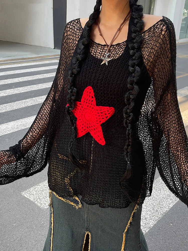 

Autumn Spring Star Pattern Knitted Pullovers Y2K Aesthetic E-girl Gothic Vintage Hollow Out Loose Sweater Retro Jumper Smock Top