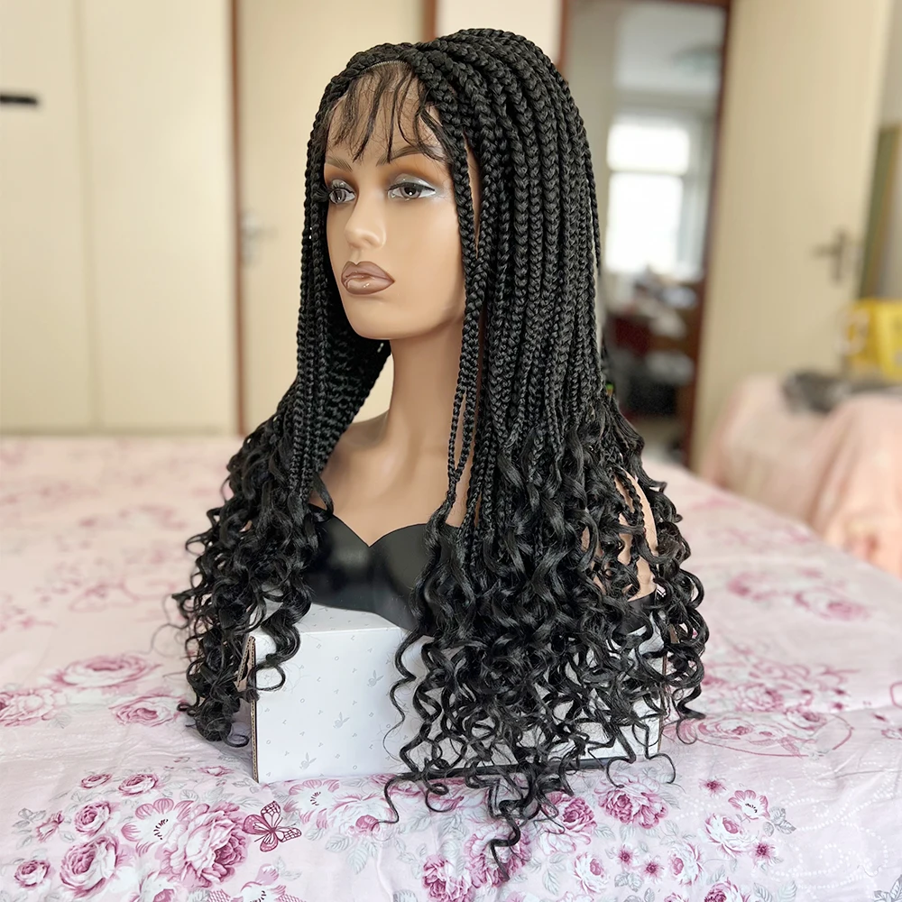 Synthetic Long Braided Wigs Lace Front Wigs Curly Ends Box Braided Lace Front Wig with Baby Hair for Black Women Afro Wig