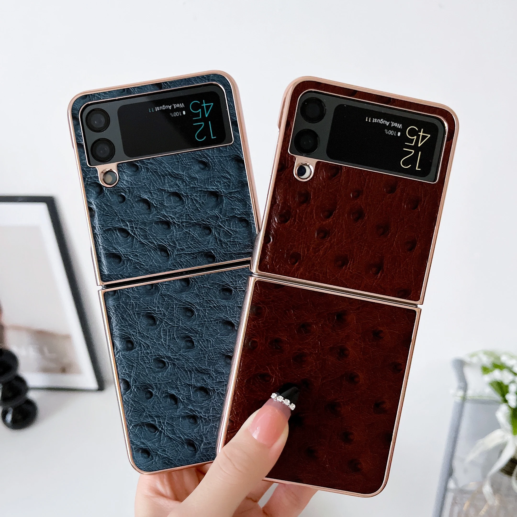 Retro Genuine Cowhide Leather Case For Samsung Galaxy Z Flip 4 3 Flip4 Ostrich Skin Grain Glossy Electroplated Frame Back Cover