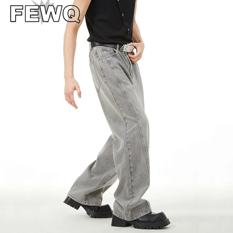 

FEWQ Gray Men's Solid Color Vintage Wornout Jeans Washed High Street Wide Leg Denim Trousers Korean Fashion Casual Pant 2023 New