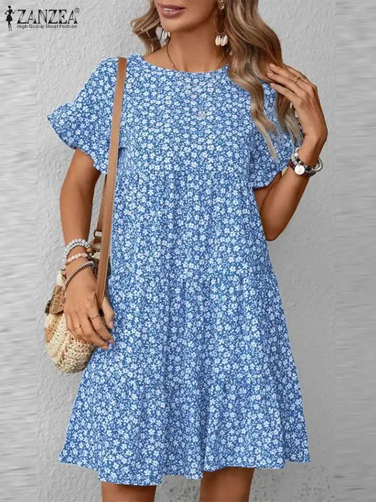

ZANZEA Summer Elegant Floral Printed Dress Casual Party Dresses Woman Short Sleeve O-Neck Vestidos Fashion Holiday Sundress 2023