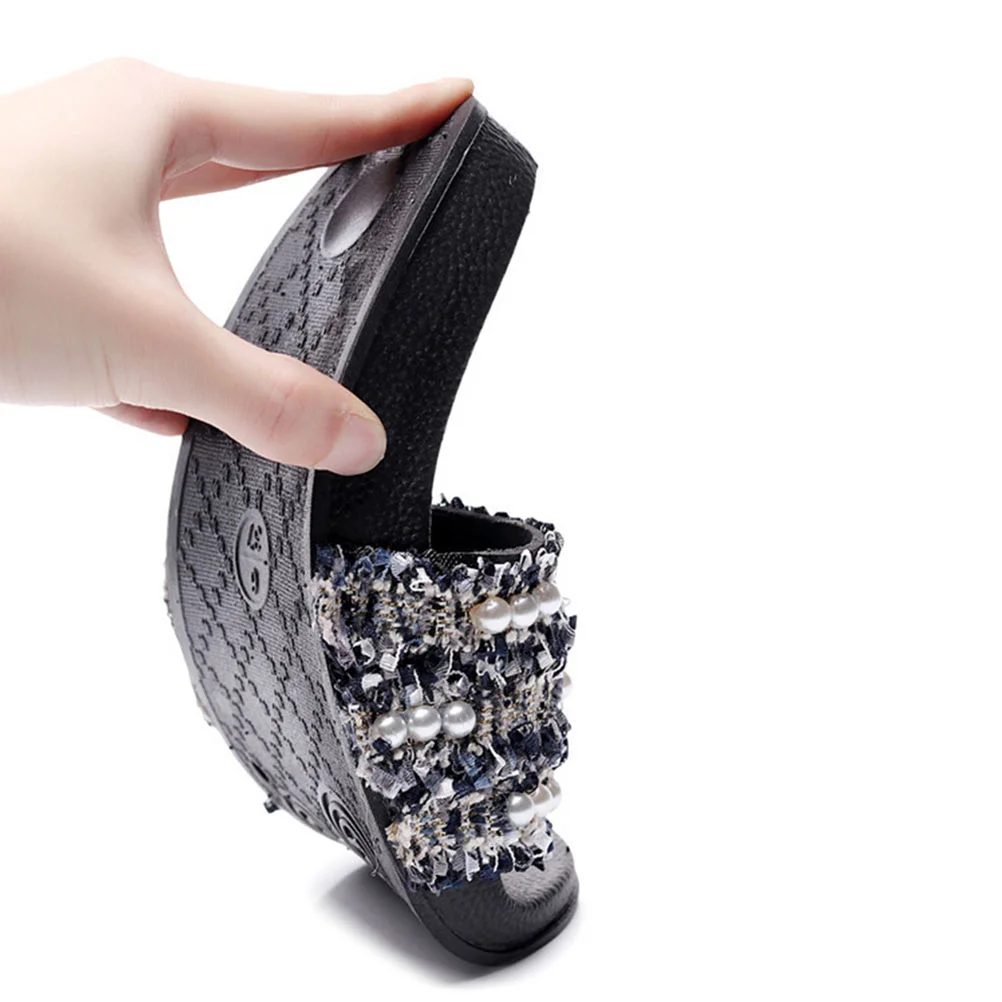 2 Pairs Women Beach Sandals Woven Pearl Slides Braided The 7 Summer Flat Slipper Women's