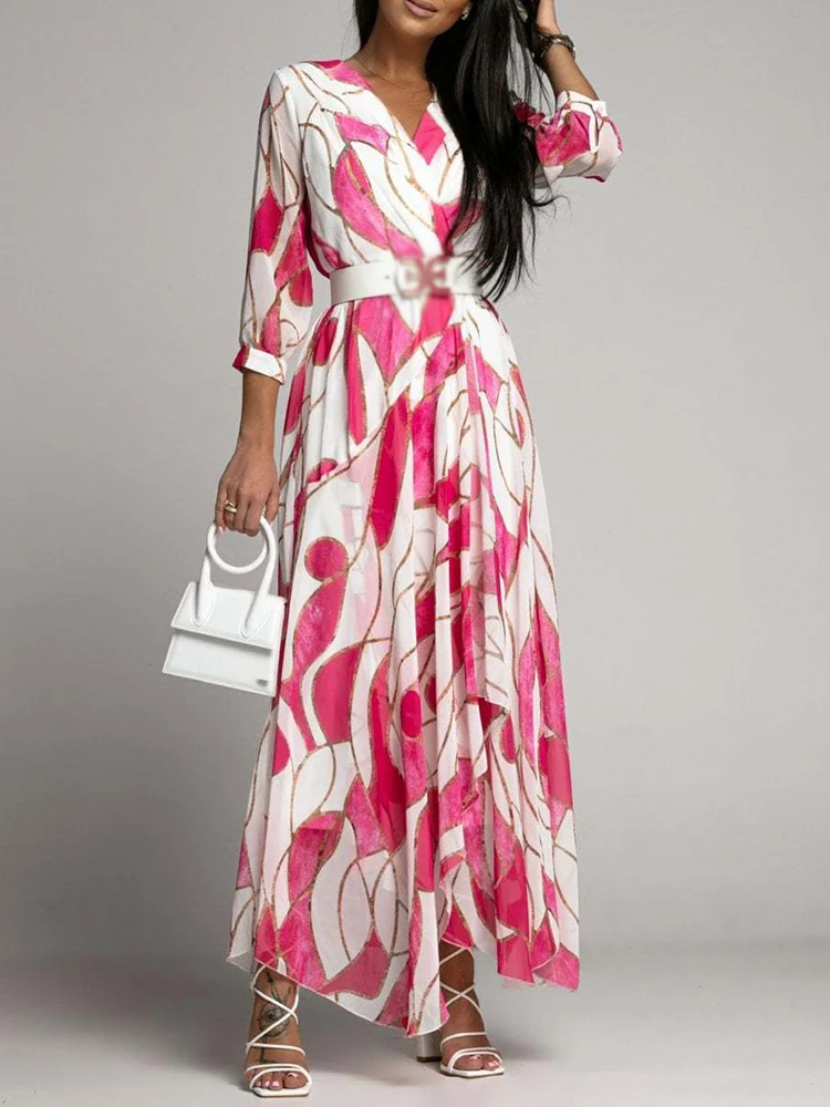 

Sexy Wrap V Neck Bohemian Summer Dress Women Retro Pattern Print Long Party Dress Spring 3/4 Sleeve Loose Maxi Beach Dress Mujer