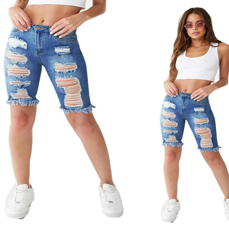 Ripped five-point jeans 2023 new ripped loose straight leg pants denim shorts female high waist summer
