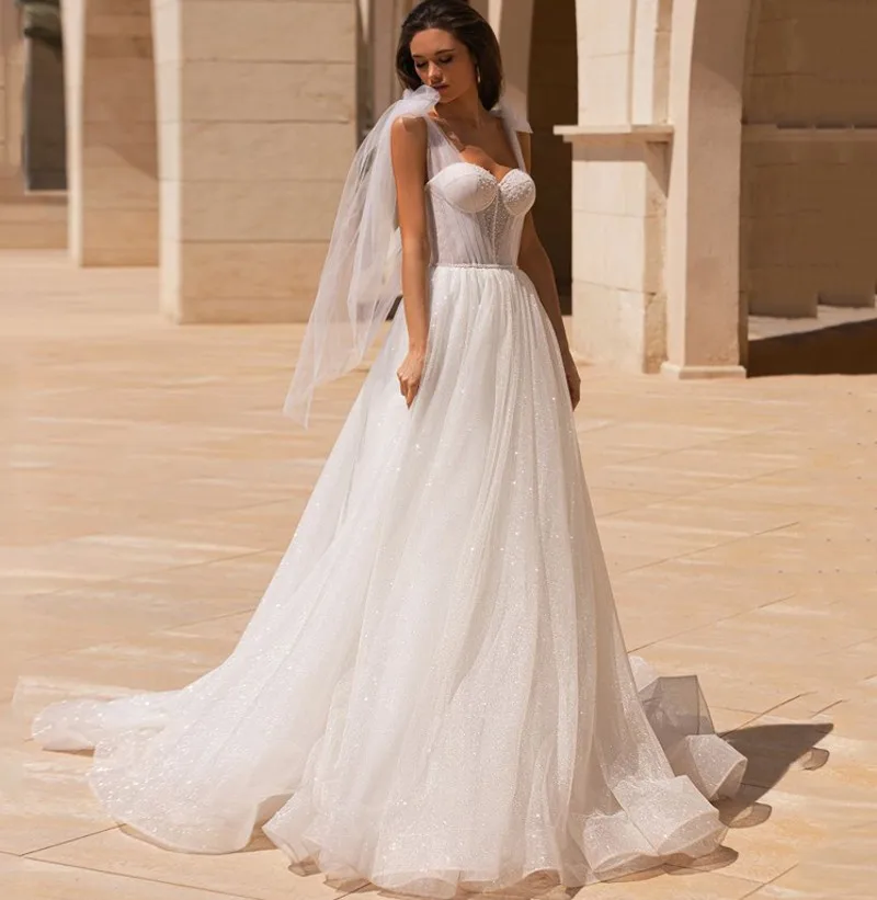 

Princess Wedding Dress 2022 Sweetheart Glitter Tulle Bridal Gowns Boho Sweep Train Robe De Mariee Vestidos Noiva