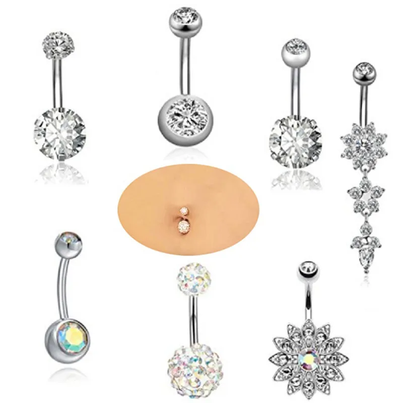 

7PCS/Set Stainless Steel Crystal Belly Button Rings Navel Body Jewelry Piercing