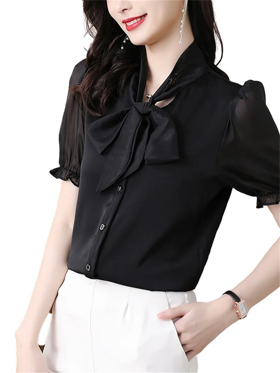 

4XL Loos Women Spring Summer Blouses Shirts Lady Fashion Casual Short Sleeve Bow Tie Collar Lace Blusas Tops CT0406
