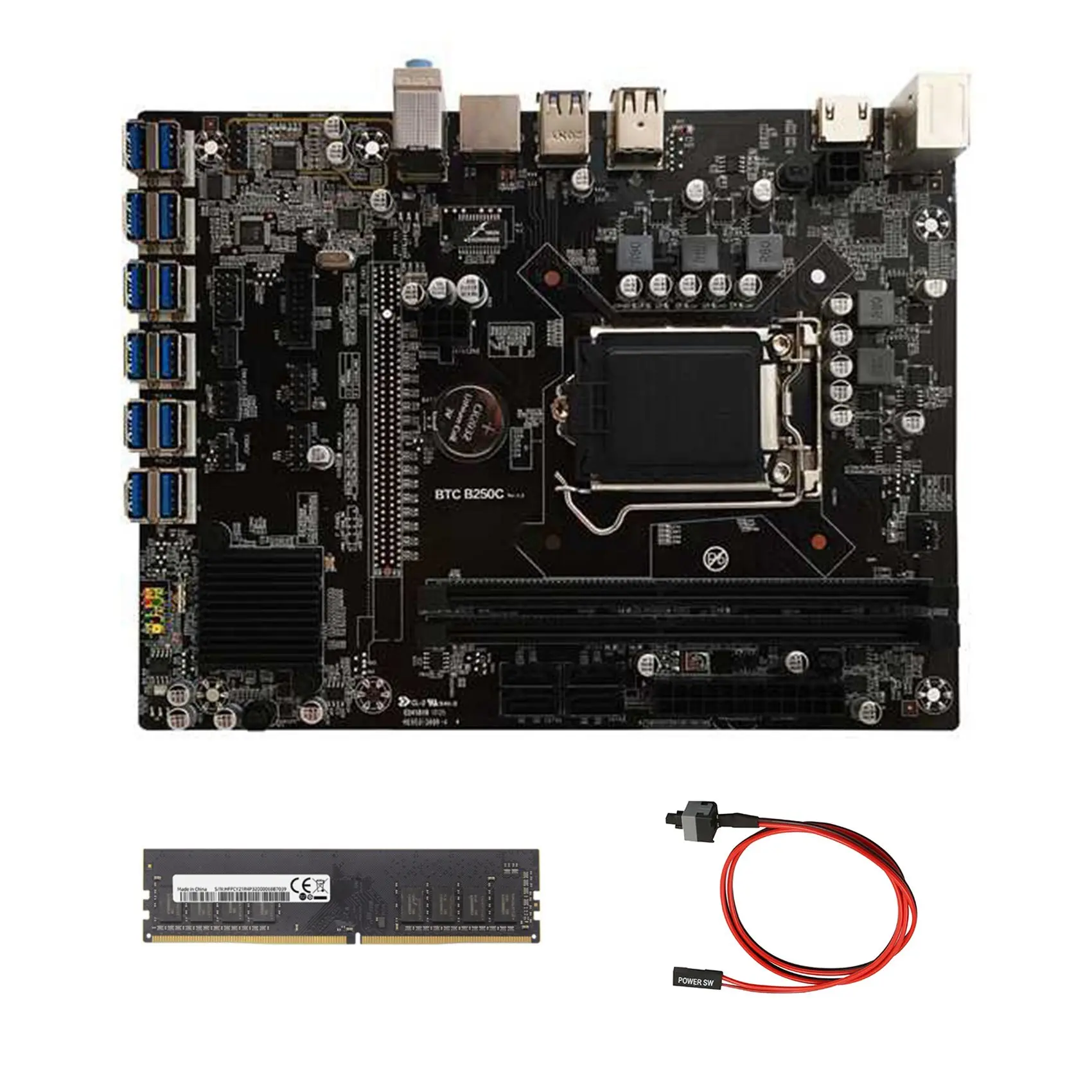 

B250C BTC Mining Motherboard+Switch Cable+DDR4 8G 2133Mhz RAM 12XPCIE to USB3.0 GPU Slot LGA1151 Computer Motherboard