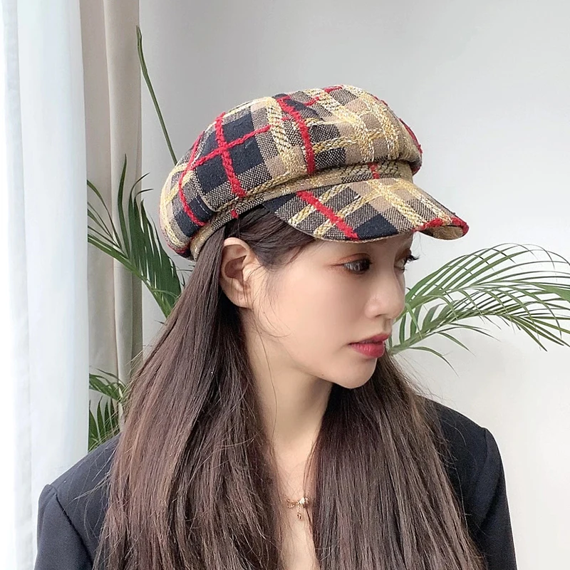 

Japanse Wilde Rooster Schilder Hoed Dames Herfst Korte Rand Plaid Baret Britse Retro Toevallige Dome Achthoekige Hoeden
