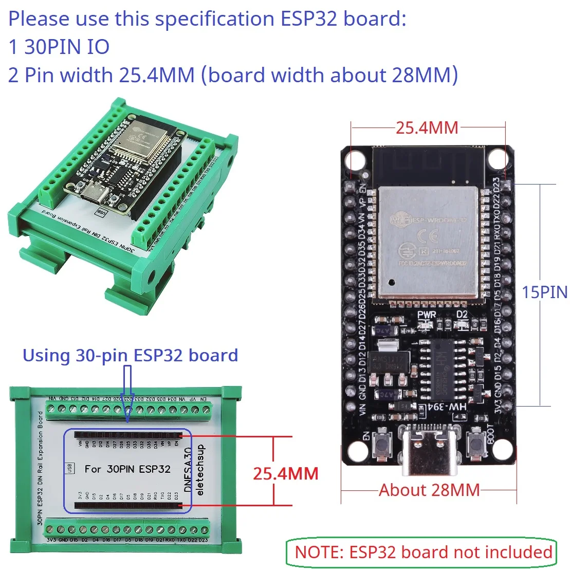 30PIN ESP32 Devkit V1 Плата расширения на DIN-рейку 3,96 Клеммный винтовой клеммный блок Модуль адаптера для Bluetooth WIFI IOT Ethernet (art.: 3920ca4887cd0) - 3920ca4887cd0