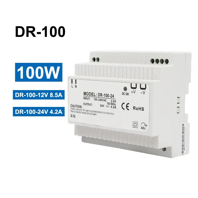 

DR-100 Series 4.2A 7.5A 100W 12V 24V Output Voltage DIN Rail Type Small Volume Switching Power Supply Transformer