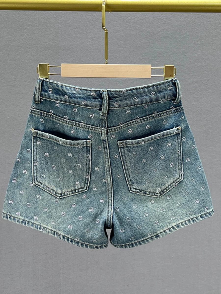 Hepburn 2023 New Summer Denim Shorts Women High Waisted Slim Fit Heavy Embroidery Hot Drilling Letters Balck Shorts Hot Pants