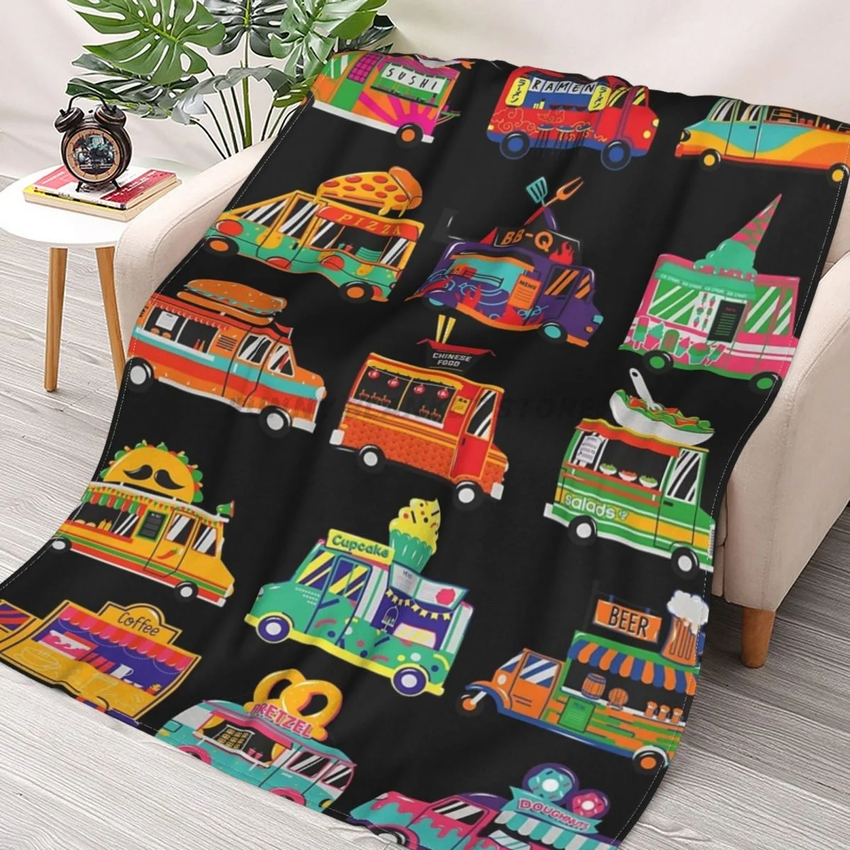 

Food Truck Luck Pattern Throws Blankets Collage Flannel Ultra-Soft Warm picnic blanket bedspread on the bed
