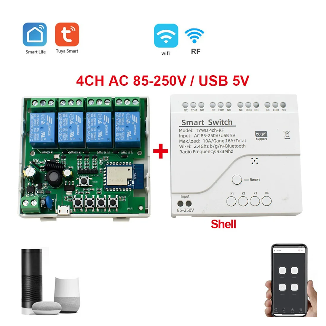 

Tuya Smart Wifi Motor Switch Module RF 433 Radio Remote Control 4CH Inching Relay for Alexa Google Home, 4CH AC85-250V