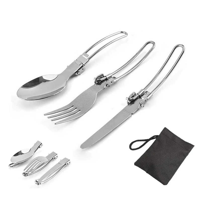 

3 pcs/set Portable Outdoor Camping Travel Picnic Foldable Stainless Steel Cutlery Set Spoon Fork Knife tableware