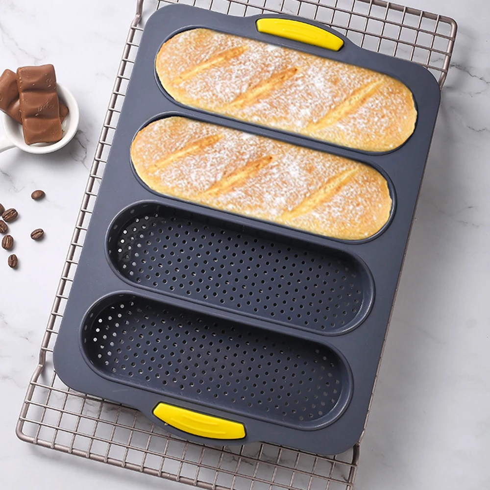 

Silicone Bun Bread Baguette Pan Perforated Tray Soft Nonstick French Bread Die Loaf Stencils for DIY Baking 4 Cells SUB Sale