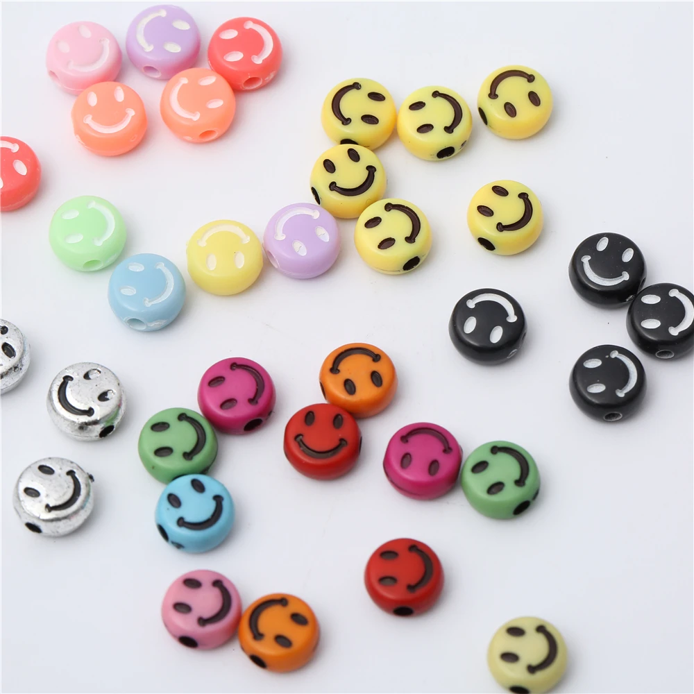 

100Pcs Smile Face Charms Beads For Jewelry Making Acrylic Smiley Plastic Flat Round Cartoon Smiling Loose Beads DIY Accessories