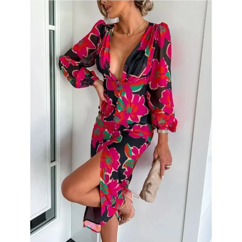 Женское платье с V-образным вырезом длинным рукавом и поясом