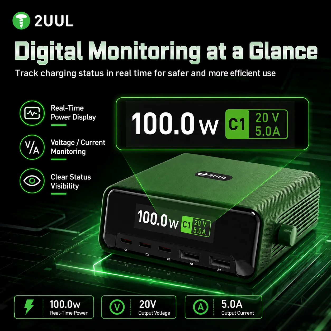 Фото 2UUL PC12 100W Цифровая многопортовая настольная зарядная станция с 3 портами Type-C и 2 портами USB-A для быстрой зарядки телефонов, планшетов и ноутбуков №1