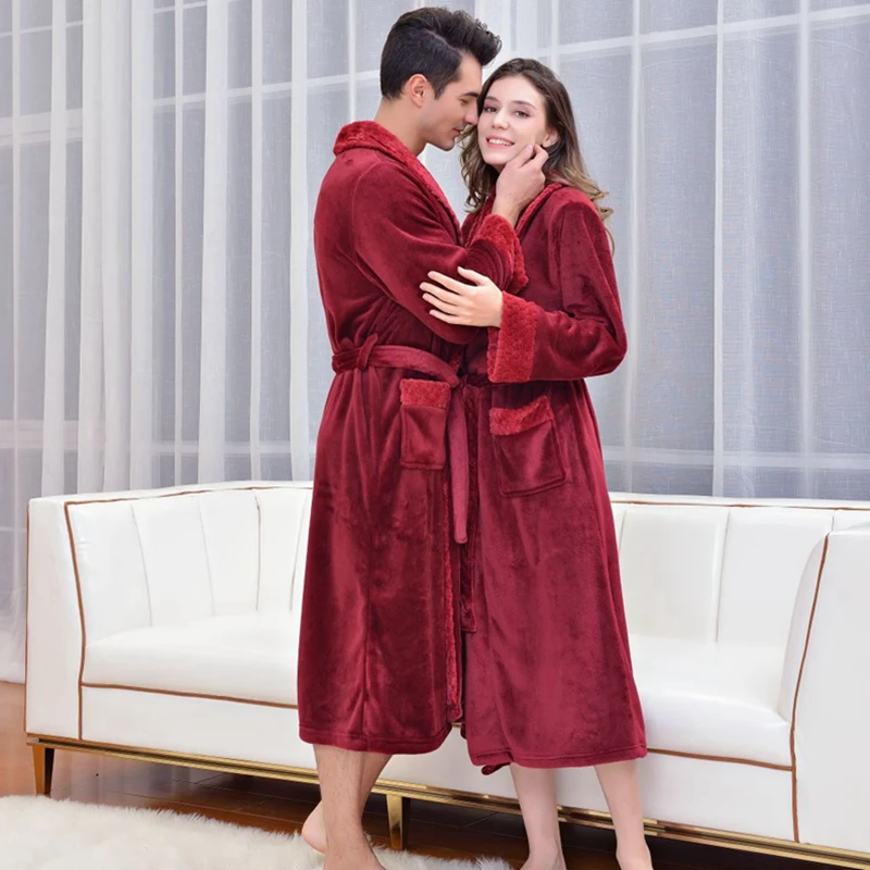 NEW Long Plus Size Winter Warm Coral Fleece Bathrobe Women Men Flannel Kimono Bath Robe Bridesmaid Dressing Gown Wedding Nightie