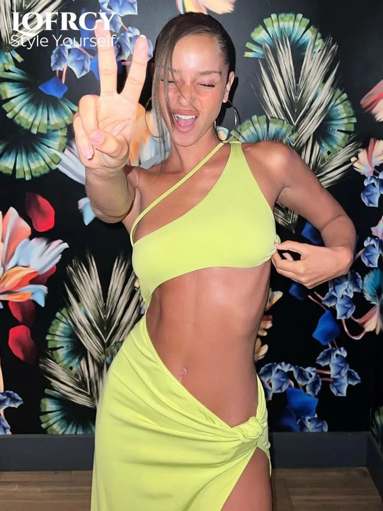 

Lofrcy Новое модное Двухслойное длинное платье из Джерси на одно плечо с узлом пикантное вечернее платье с вырезами и высоким разрезом наряды ...