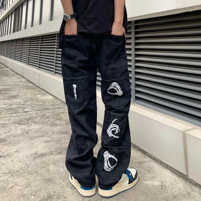 Harajuku Retro Back Hand Finger Print Black Mens Jeans Pants Streetwear Oversize Straight Baggy Casual Denim Trousers