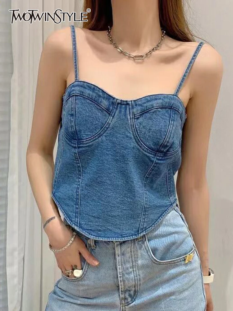 

Женский джинсовый топ twotwin2, однотонный топ без рукавов с квадратным воротником, летняя одежда