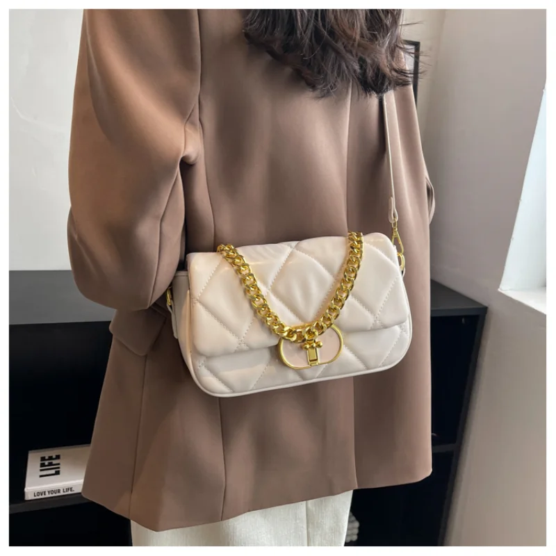 High Quality Leather Square Chains Handle Women's Shoulder Bag Fashion Hobos Design Diamond Lattice Female Shopping Purse Bag